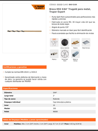 Broca HSS de 5/64 in con punta Split Point