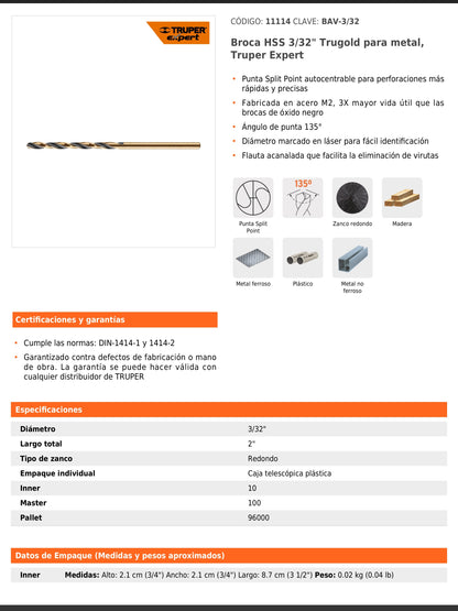 Broca HSS de 3/32 in con punta Split Point