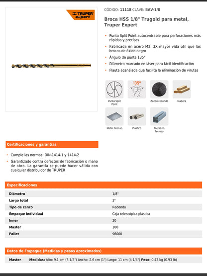 Broca HSS de 1/8 in con punta Split Point