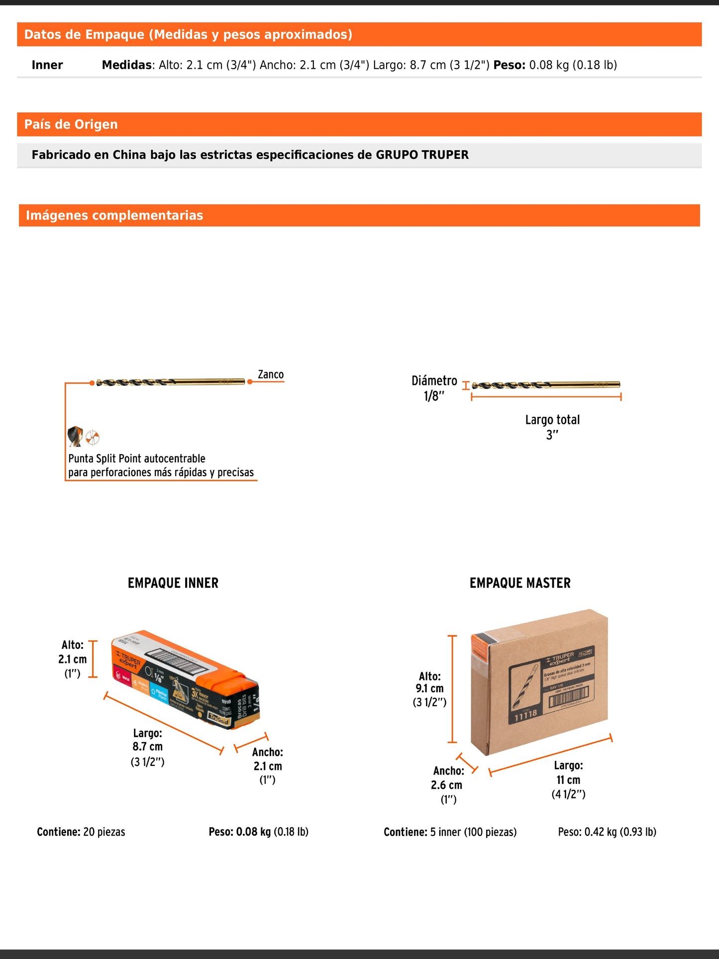 Broca HSS de 1/8 in con punta Split Point