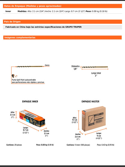 Broca HSS de 1/8 in con punta Split Point