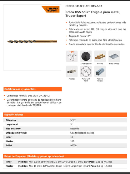 Broca HSS de 5/32 in con punta Split Point
