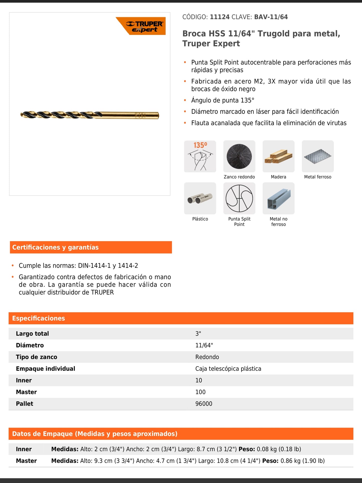 Broca HSS de 11/64 in con punta Split Point