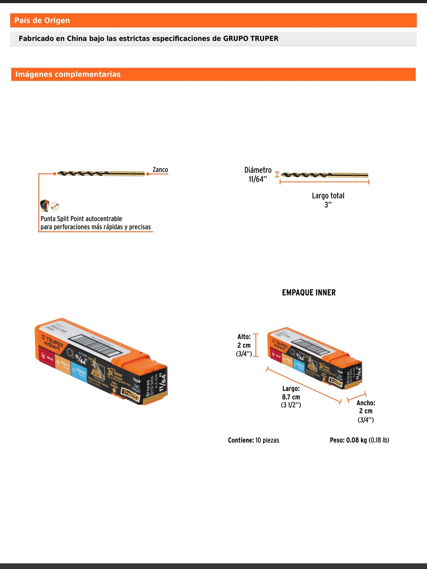 Broca HSS de 11/64 in con punta Split Point