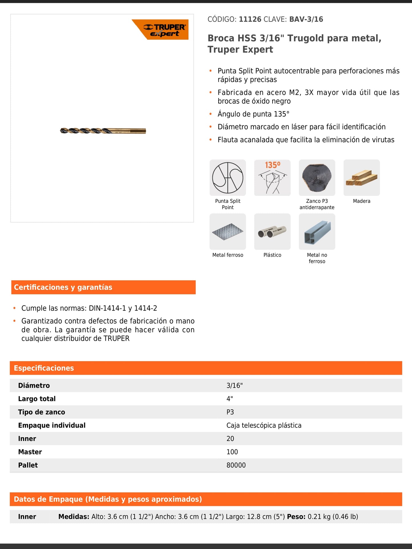 Broca HSS de 3/16 in con punta Split Point