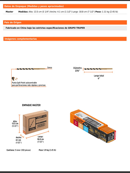 Broca HSS de 3/16 in con punta Split Point