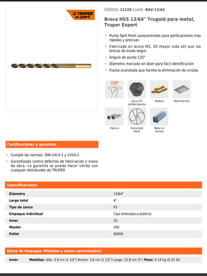 Broca HSS de 13/64 in con punta Split Point