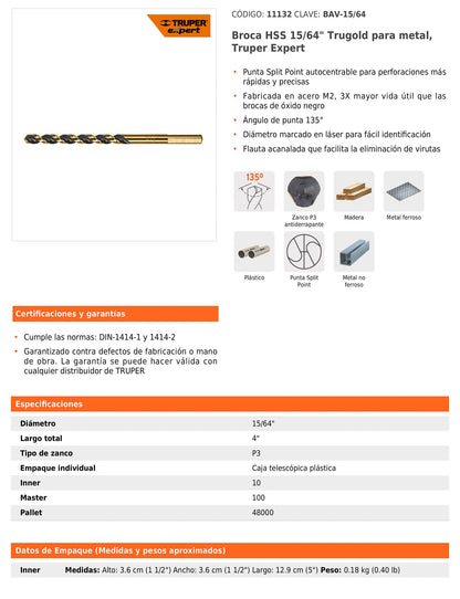 Broca HSS 15/64" Trugold para metal