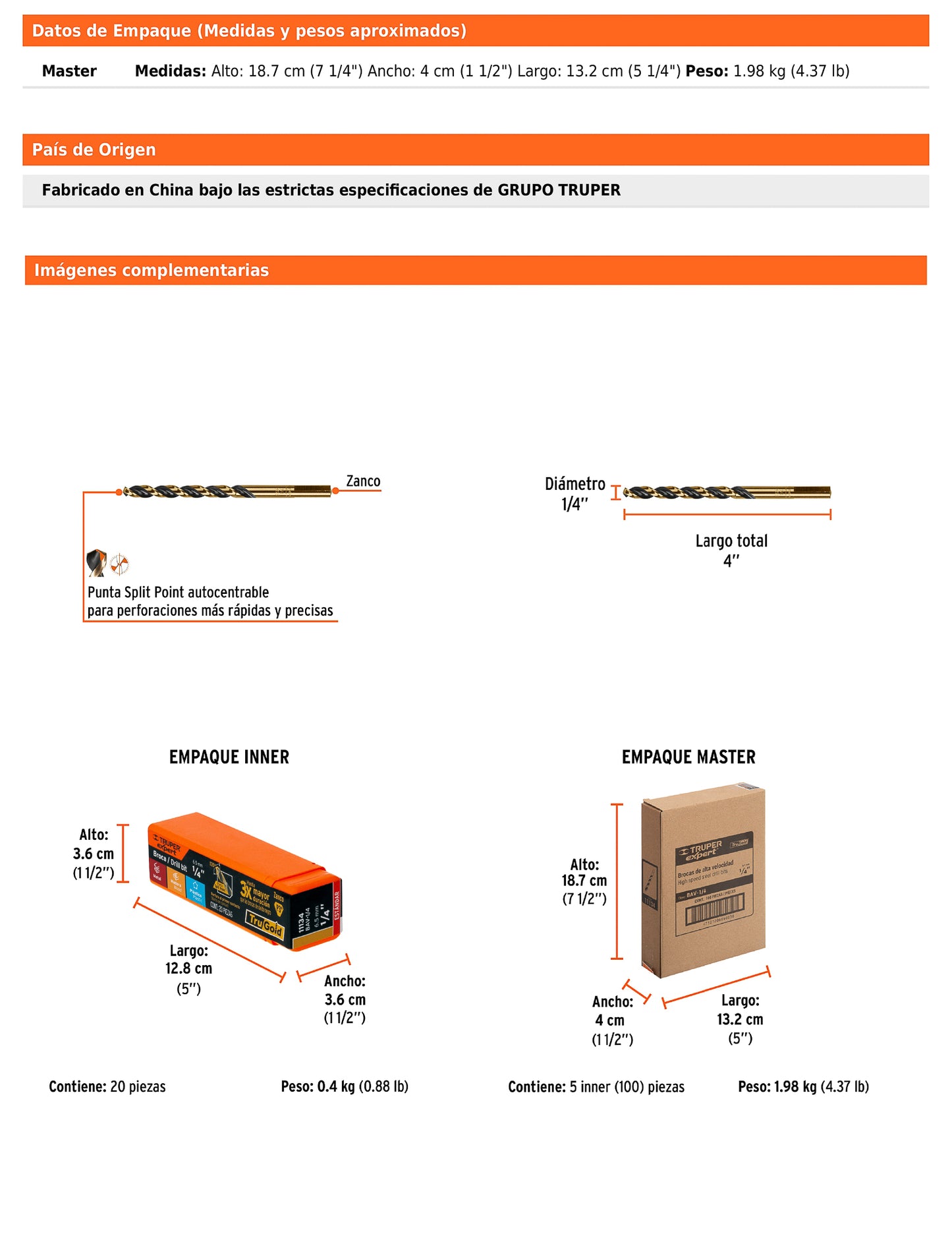 Broca HSS 1/4" Trugold para metal