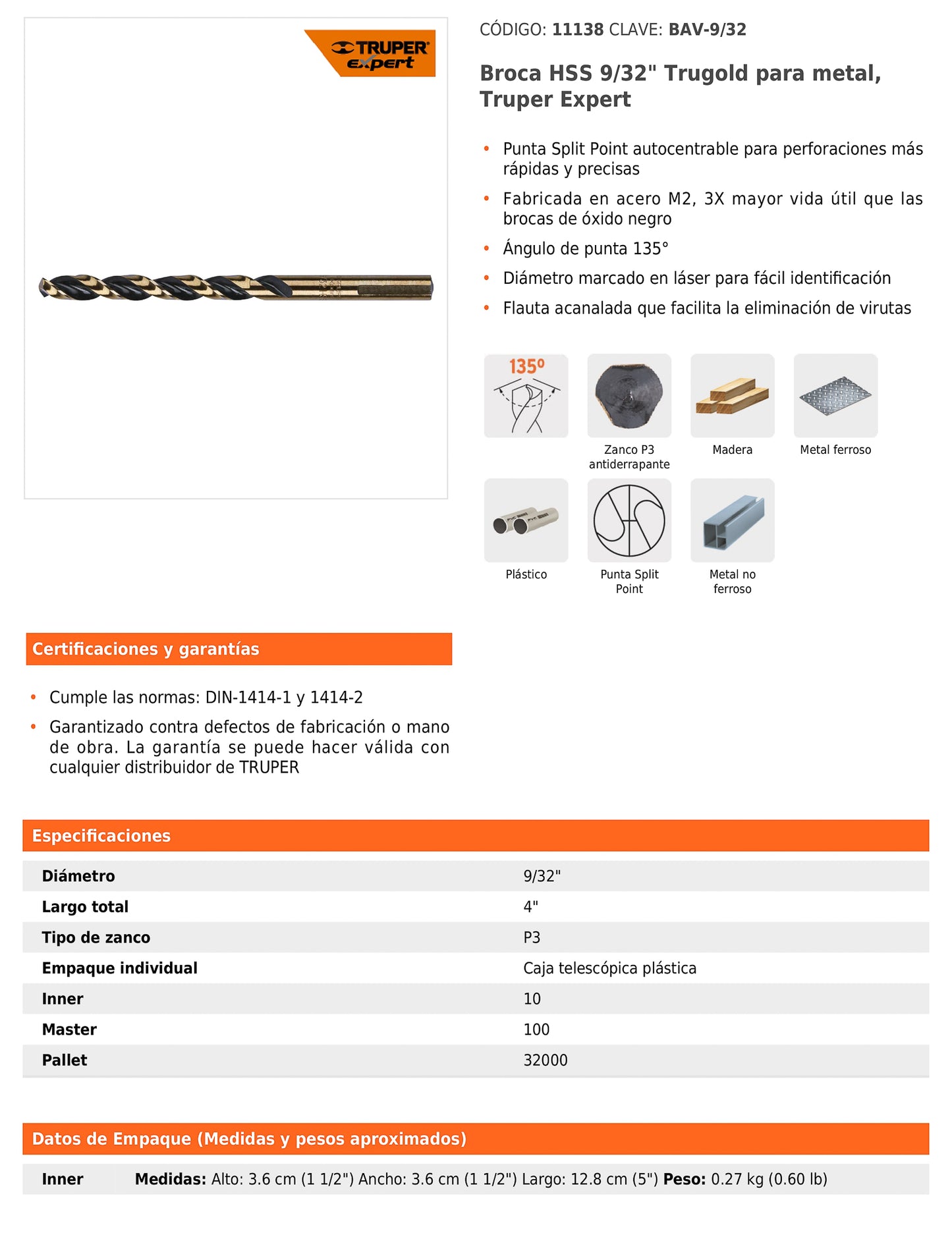 Broca HSS 9/32" Trugold para metal