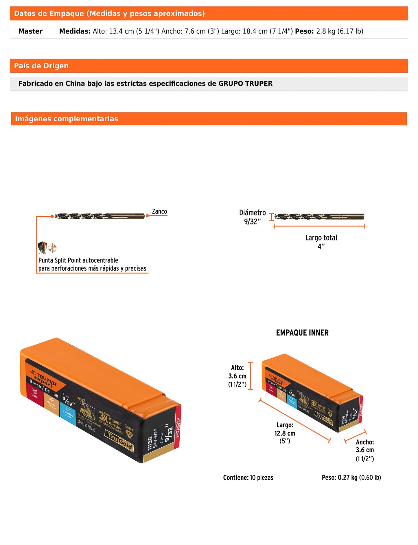 Broca HSS 9/32" Trugold para metal