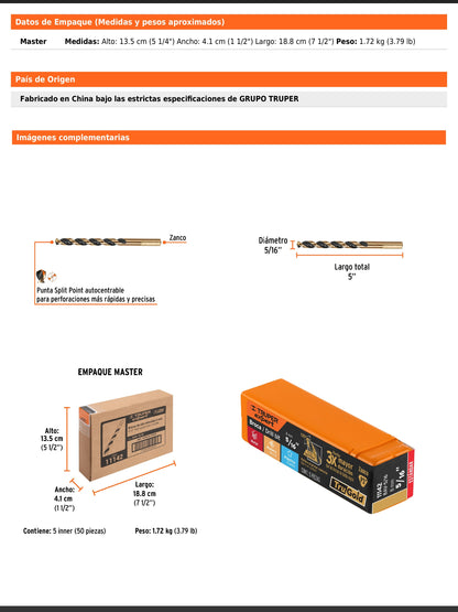 Broca HSS 5/16" Trugold para metal