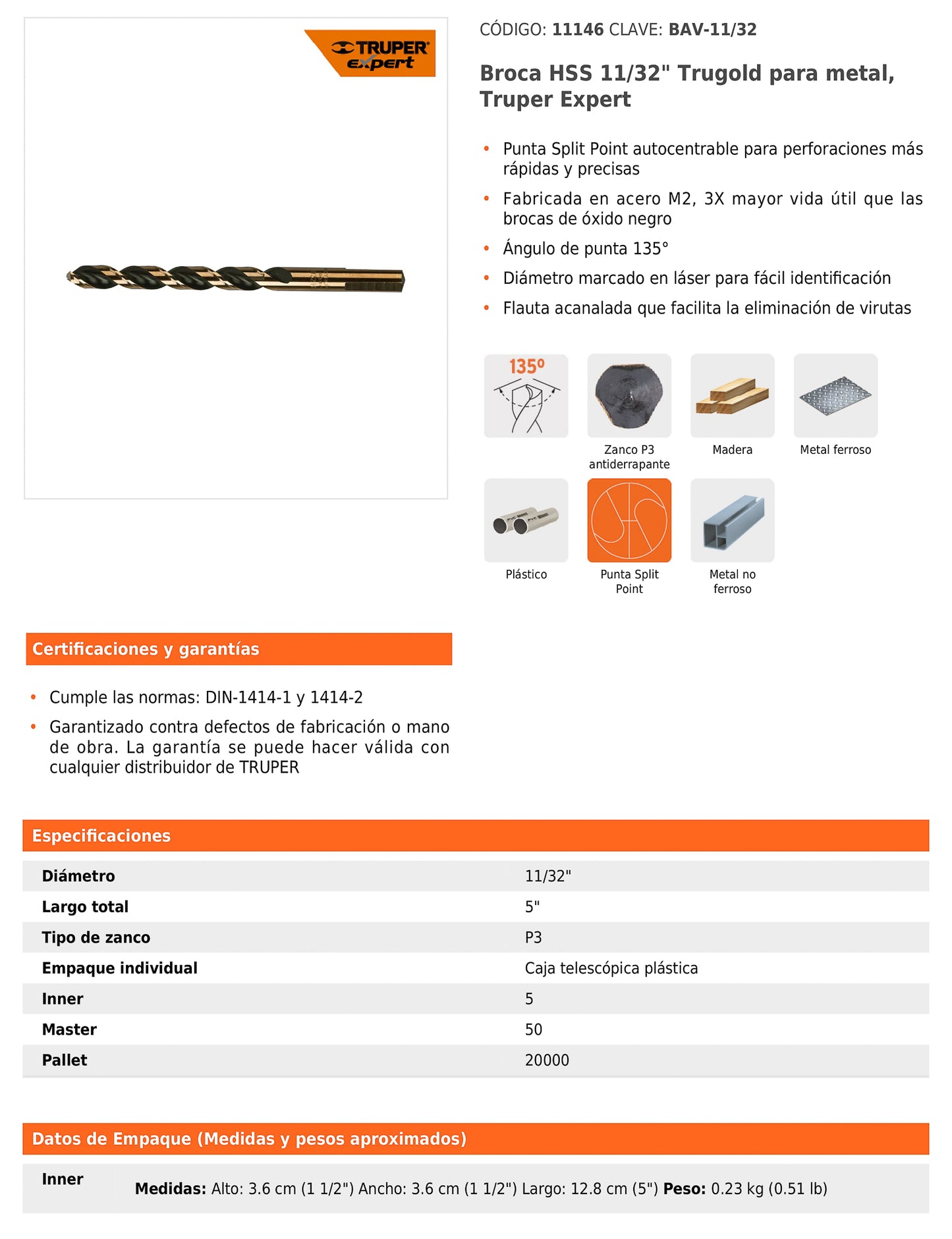 Broca HSS 11/32" Trugold para metal