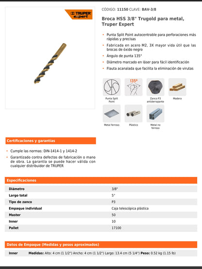 Broca HSS 3/8" Trugold para metal