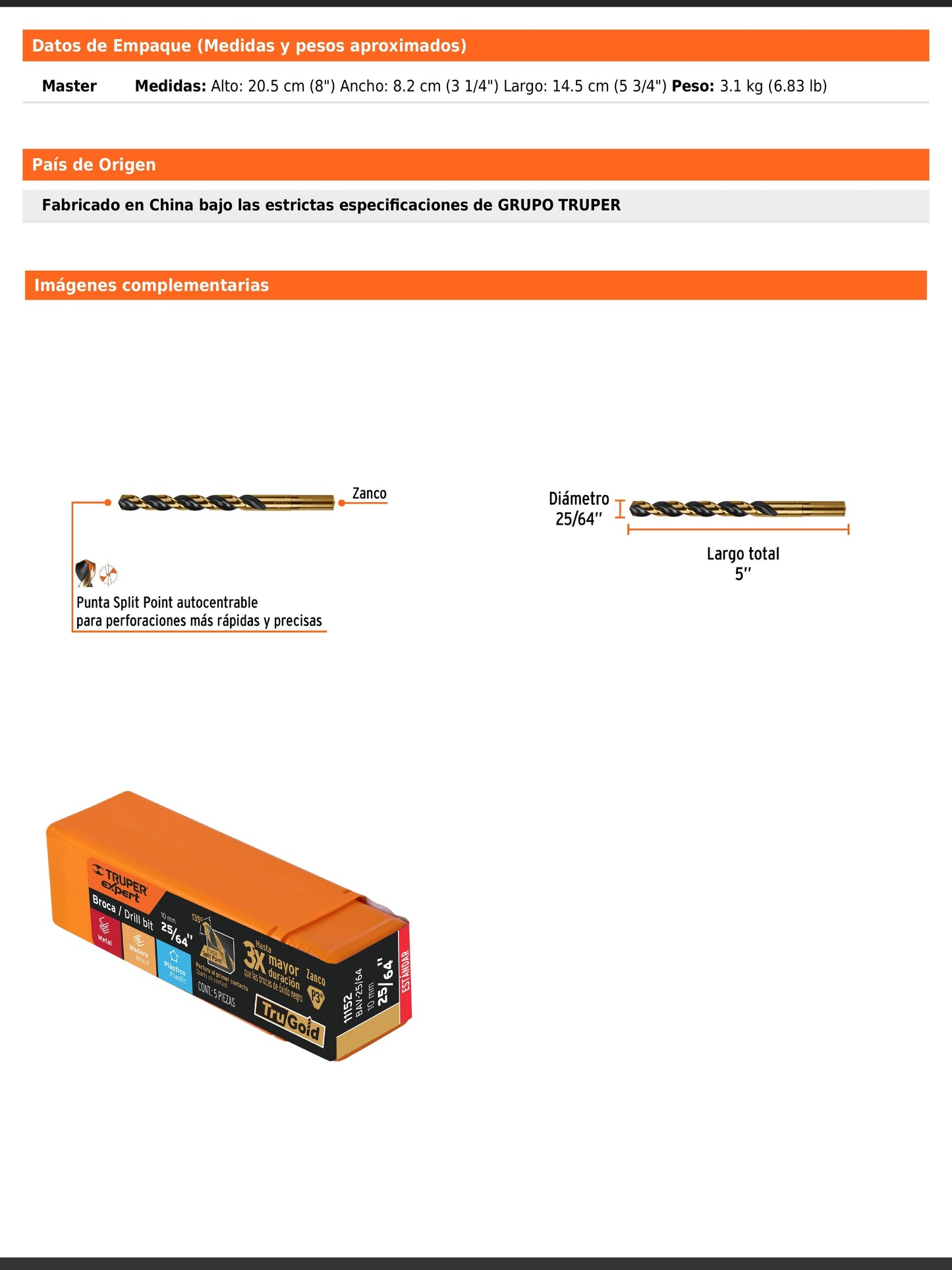 Broca HSS 25/64" Trugold para metal