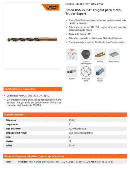 Broca HSS 27/64" Trugold para metal