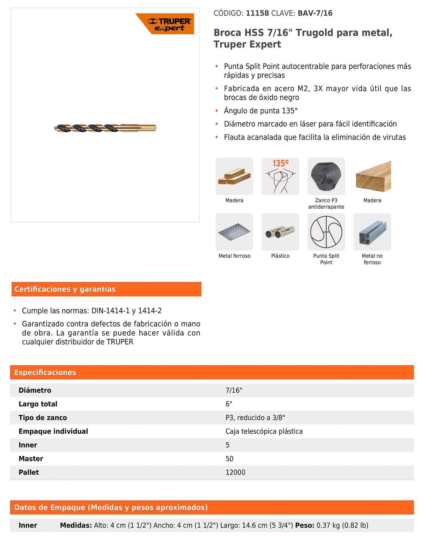 Broca HSS 7/16" Trugold para metal