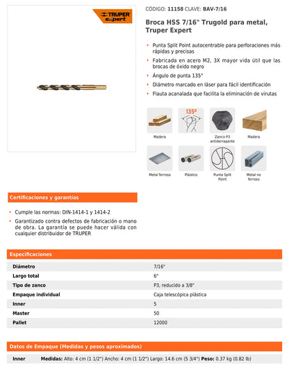Broca HSS 7/16" Trugold para metal