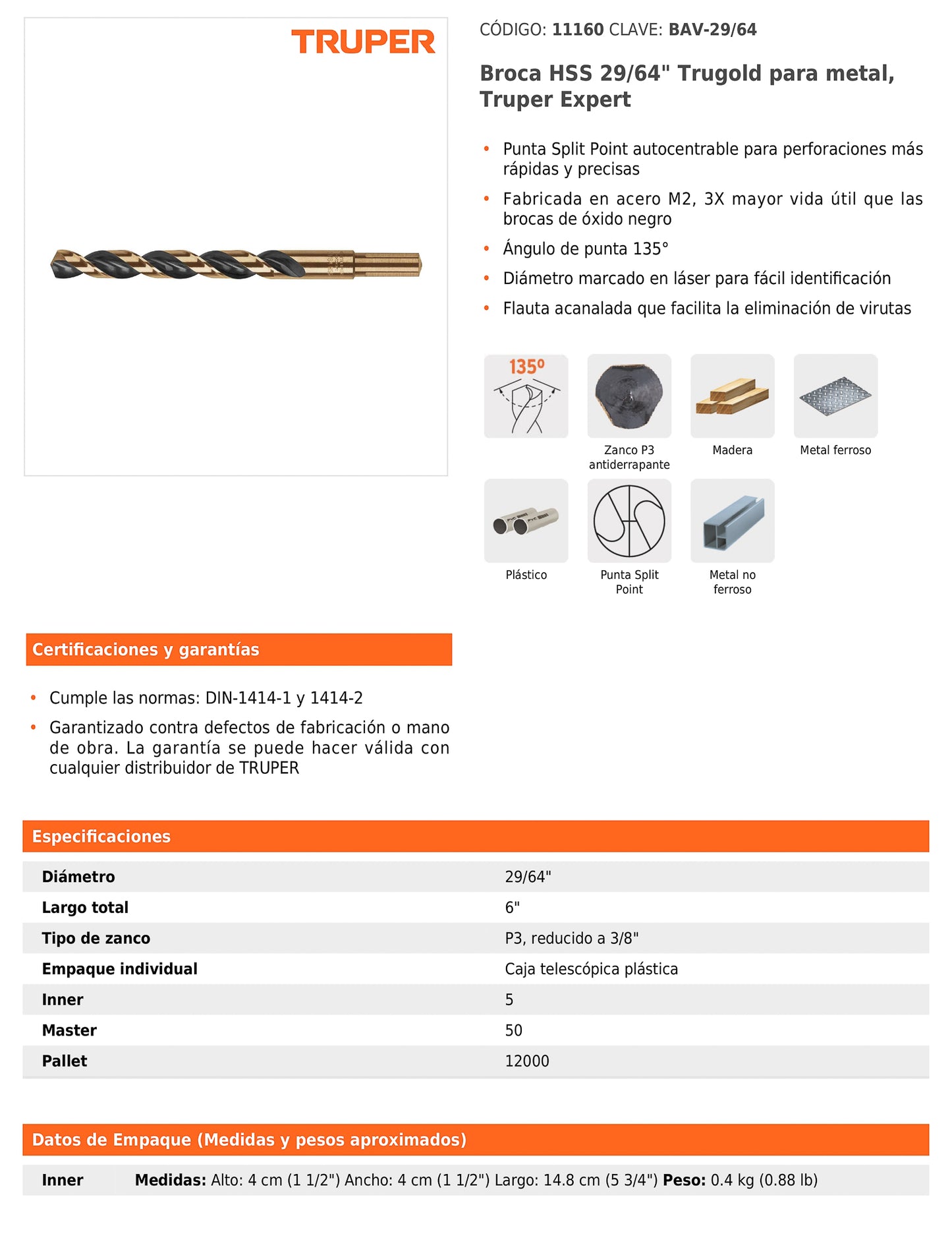 Broca HSS 29/64" Trugold para metal