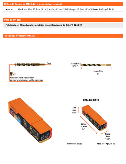 Broca HSS 15/32" Trugold para metal