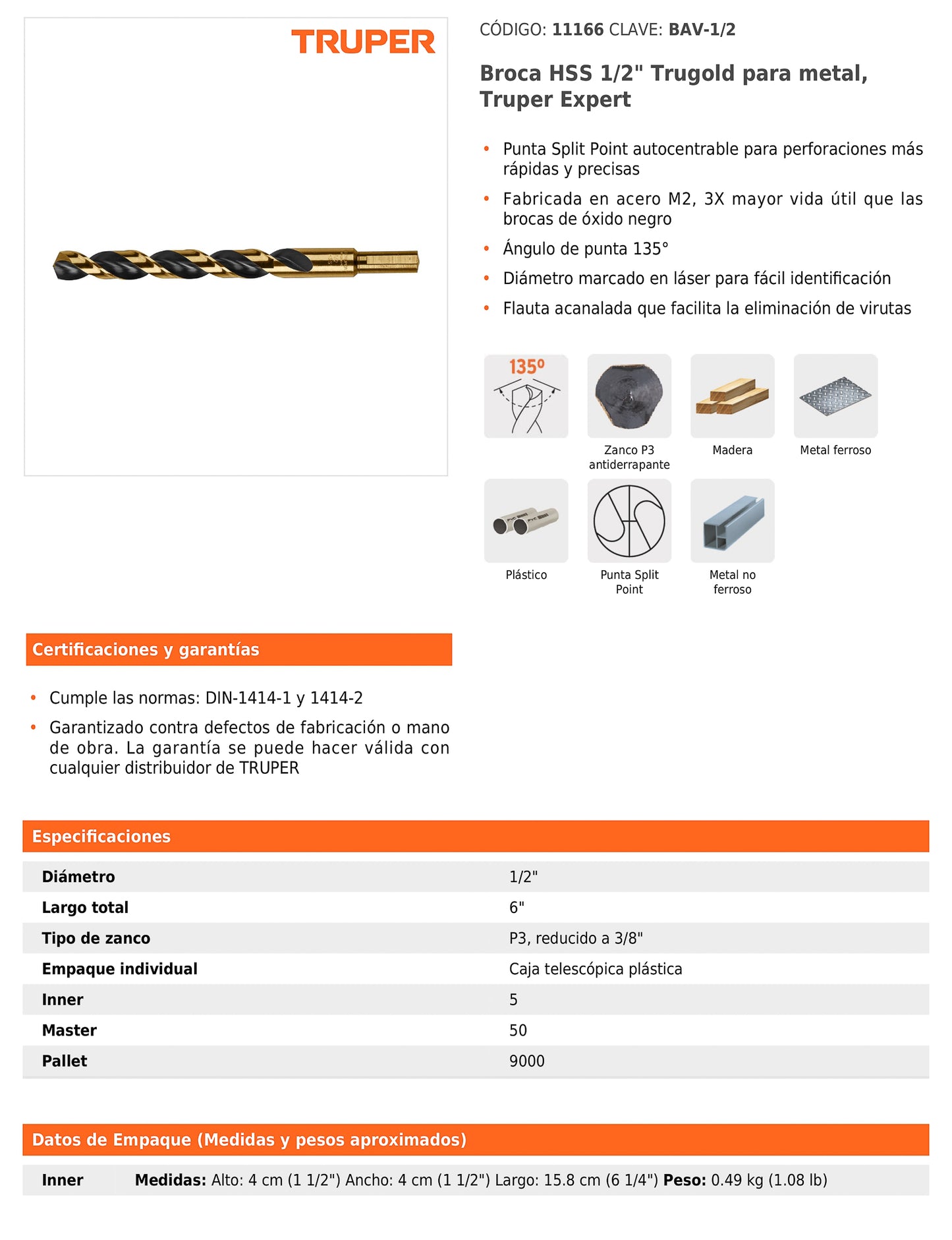 Broca HSS 1/2 pulg Trugold para metal con punta Split Point