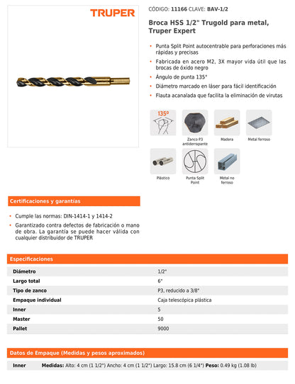 Broca HSS 1/2 pulg Trugold para metal con punta Split Point
