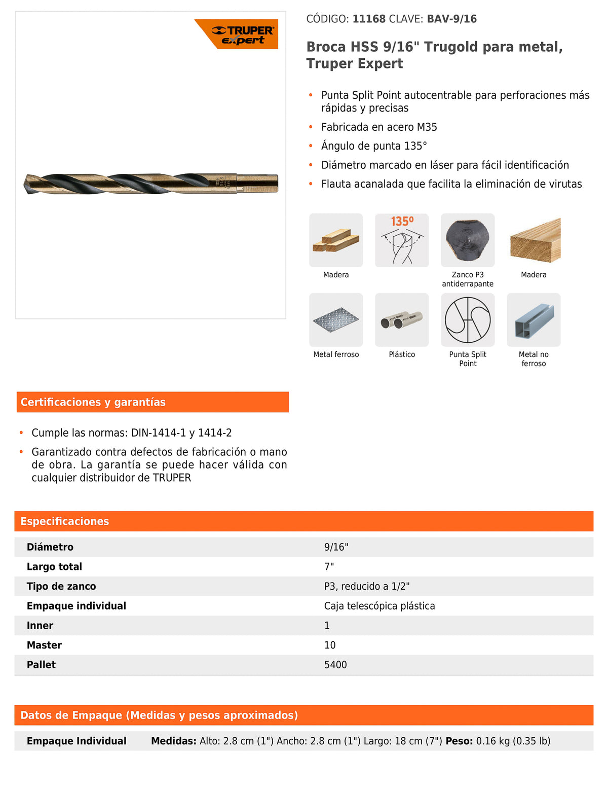 Broca HSS 9/16 pulg Trugold para metal con punta Split Point
