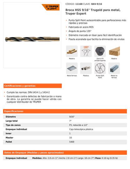 Broca HSS 9/16 pulg Trugold para metal con punta Split Point