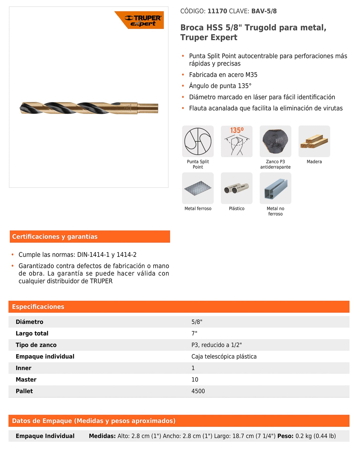 Broca HSS 5/8 pulg Trugold para metal con punta Split Point