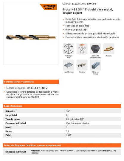 Broca HSS 3/4 pulg Trugold para metal con punta Split Point