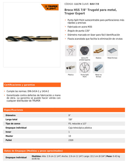 Broca HSS 7/8 pulg Trugold para metal con punta Split Point