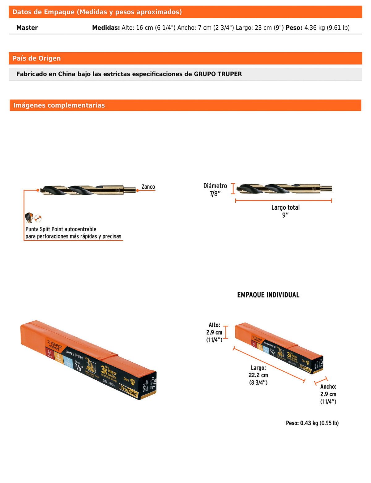 Broca HSS 7/8 pulg Trugold para metal con punta Split Point
