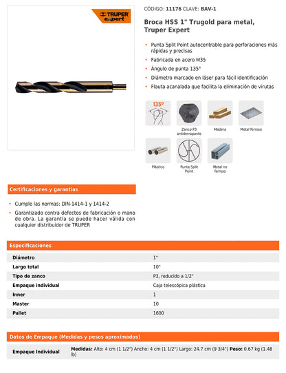 Broca HSS 1 pulg Trugold para metal con punta Split Point