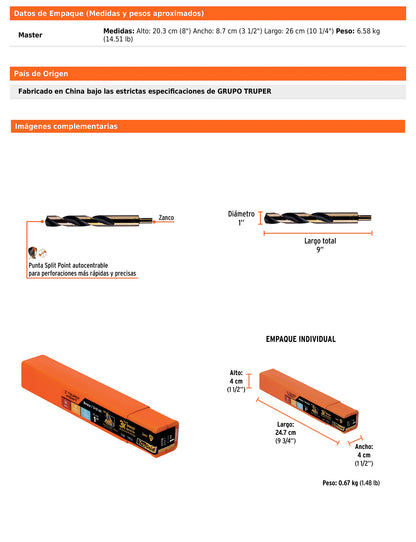 Broca HSS 1 pulg Trugold para metal con punta Split Point