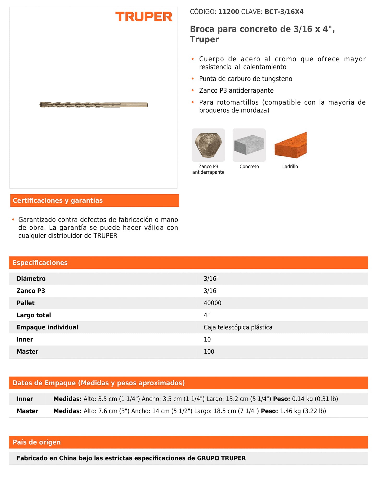 Broca para concreto de 3/16 x 4 in con punta de carburo de tungsteno