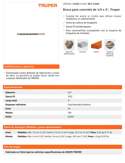 Broca para concreto de 1/4 x 4 in con punta de carburo de tungsteno