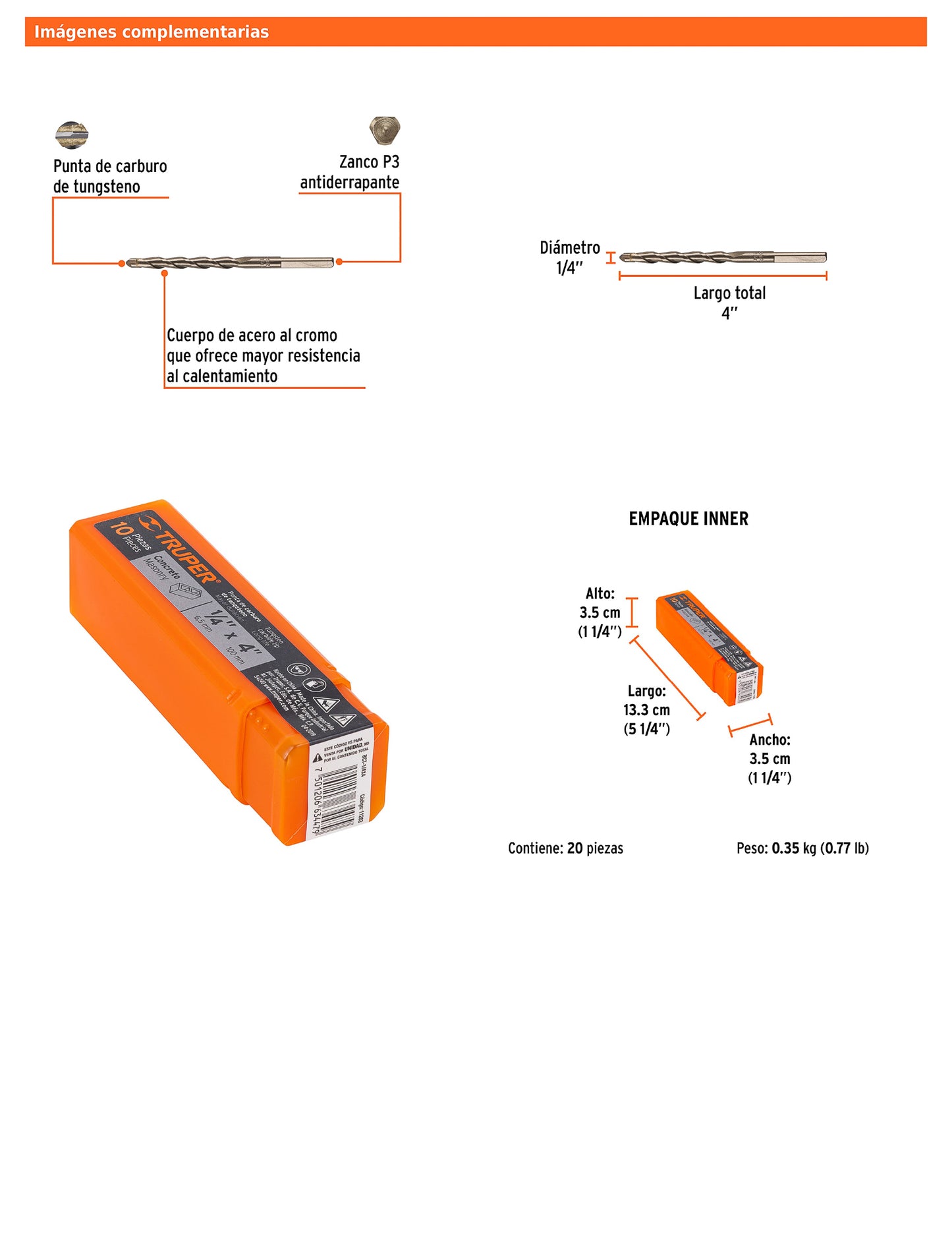 Broca para concreto de 1/4 x 4 in con punta de carburo de tungsteno