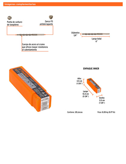 Broca para concreto de 1/4 x 4 in con punta de carburo de tungsteno