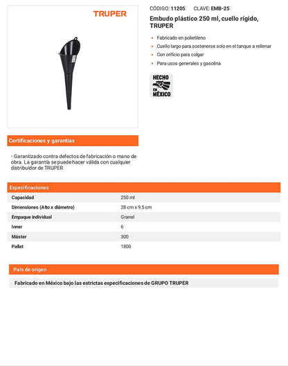 Embudo plástico 250 ml cuello rígido