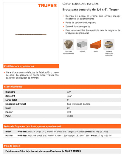 Broca para concreto de 1/4 x 6 in con punta de carburo de tungsteno