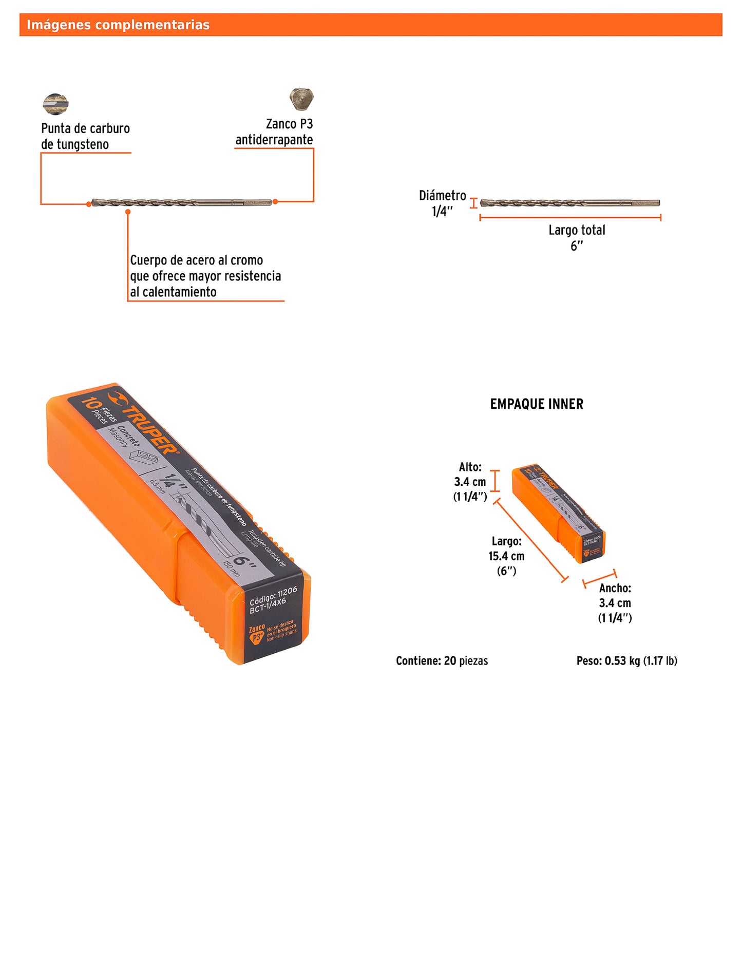 Broca para concreto de 1/4 x 6 in con punta de carburo de tungsteno
