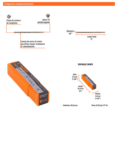 Broca para concreto de 1/4 x 6 in con punta de carburo de tungsteno