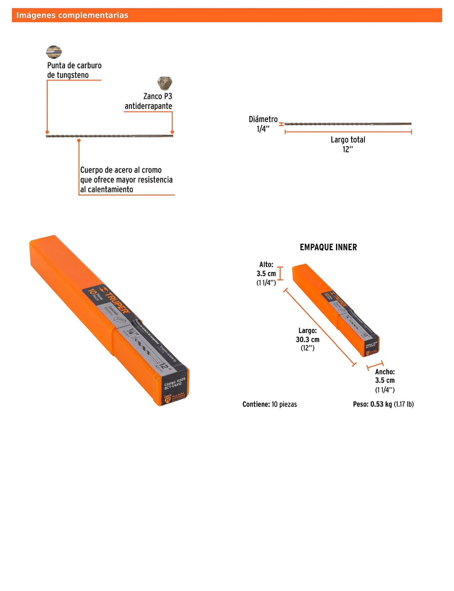 Broca para concreto de 1/4 x 12 in con punta de carburo de tungsteno