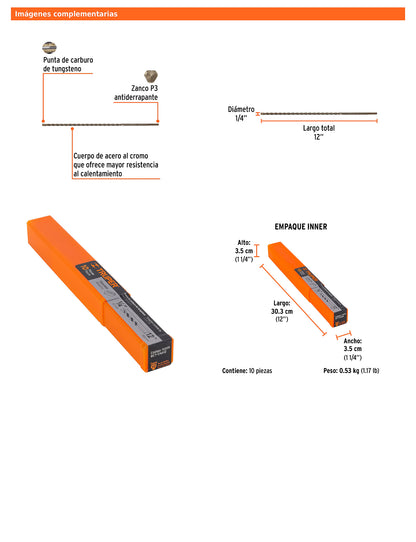 Broca para concreto de 1/4 x 12 in con punta de carburo de tungsteno