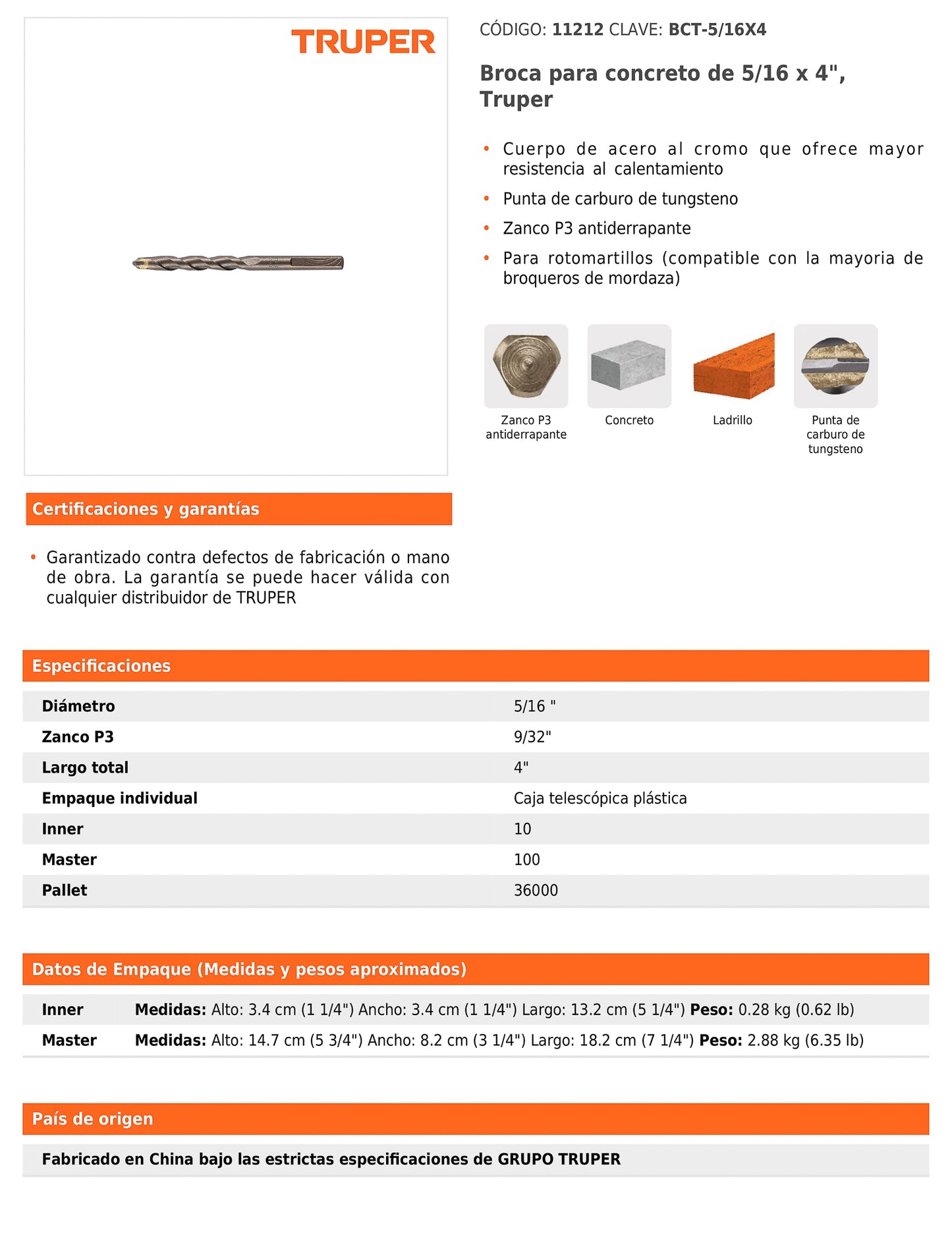 Broca para concreto de 5/16 x 4 in con punta de carburo de tungsteno