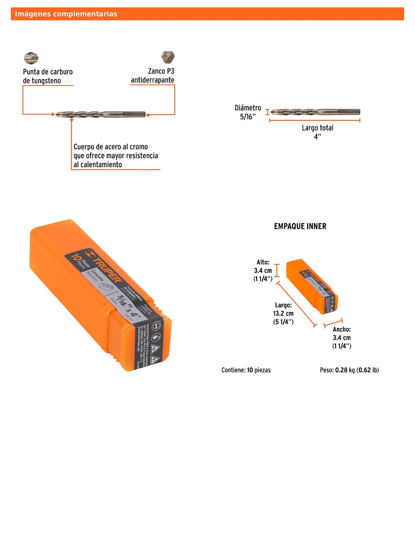 Broca para concreto de 5/16 x 4 in con punta de carburo de tungsteno