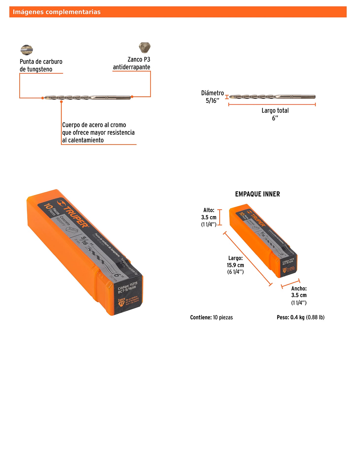 Broca para concreto de 5/16 x 6 in con punta de carburo de tungsteno