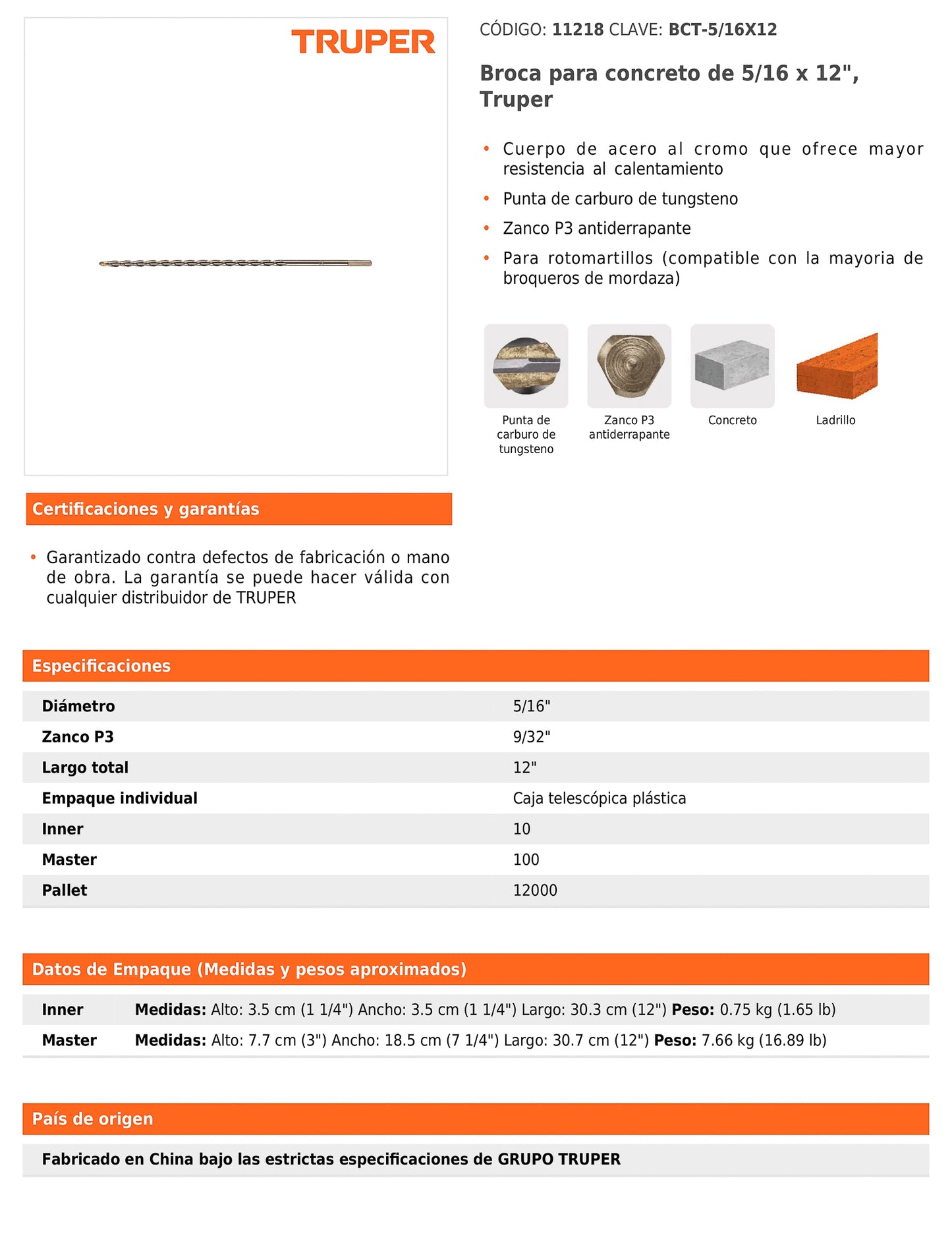 Broca para concreto de 5/16 x 12 in con punta de carburo de tungsteno
