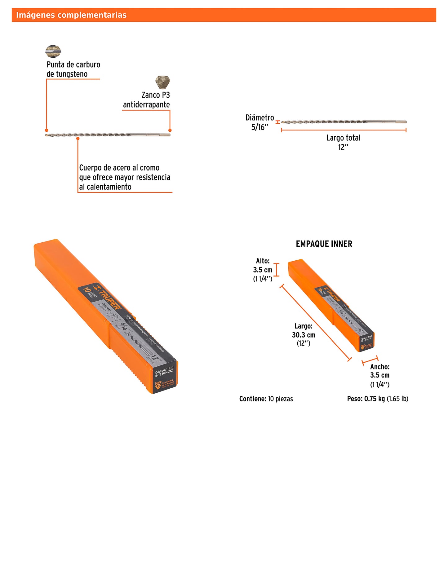 Broca para concreto de 5/16 x 12 in con punta de carburo de tungsteno