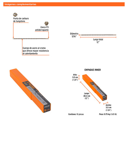 Broca para concreto de 5/16 x 12 in con punta de carburo de tungsteno